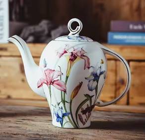 Tall Ceramic Teapot with Lilies